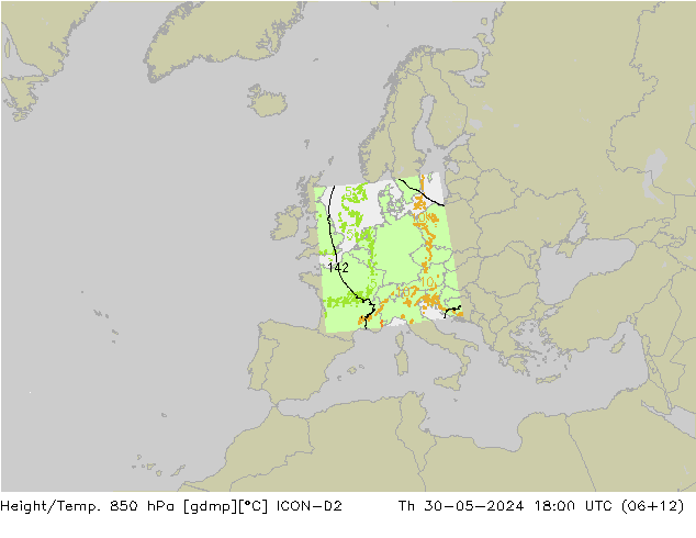 Geop./Temp. 850 hPa ICON-D2 jue 30.05.2024 18 UTC