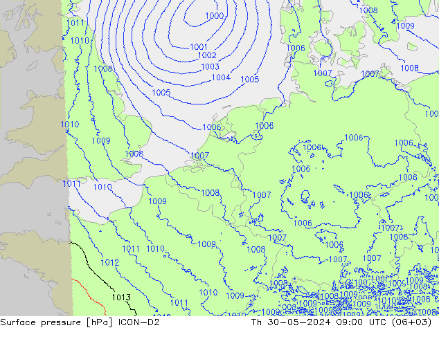 Luchtdruk (Grond) ICON-D2 do 30.05.2024 09 UTC