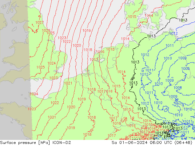 Presión superficial ICON-D2 sáb 01.06.2024 06 UTC