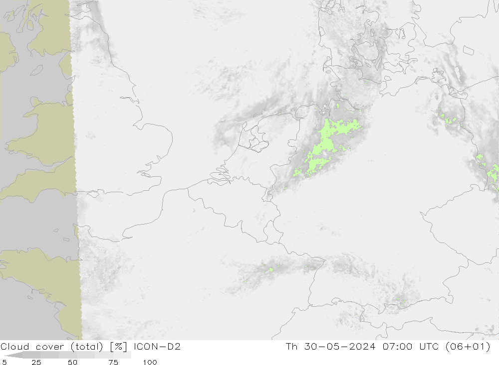 Bewolking (Totaal) ICON-D2 do 30.05.2024 07 UTC