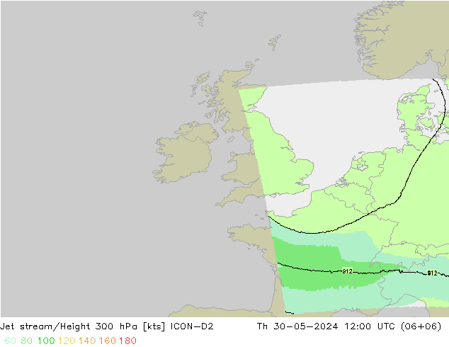 Jet stream/Height 300 hPa ICON-D2 Čt 30.05.2024 12 UTC