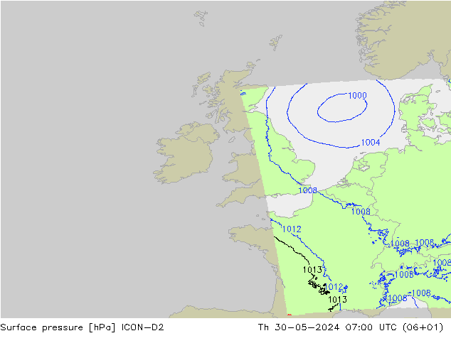 Luchtdruk (Grond) ICON-D2 do 30.05.2024 07 UTC
