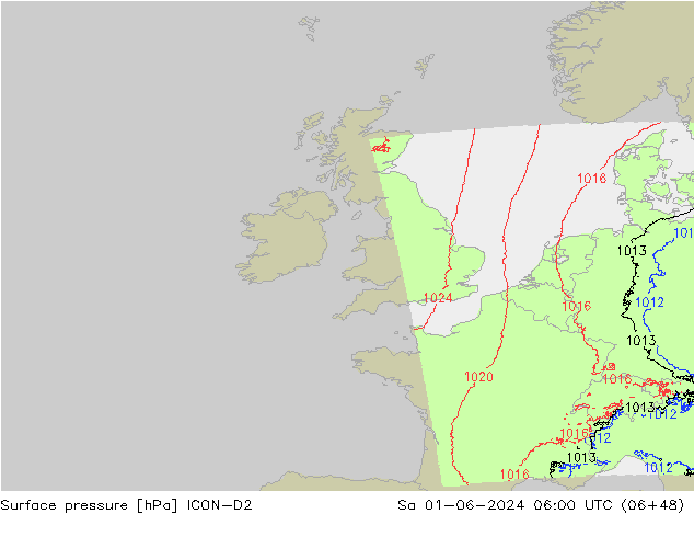 pressão do solo ICON-D2 Sáb 01.06.2024 06 UTC