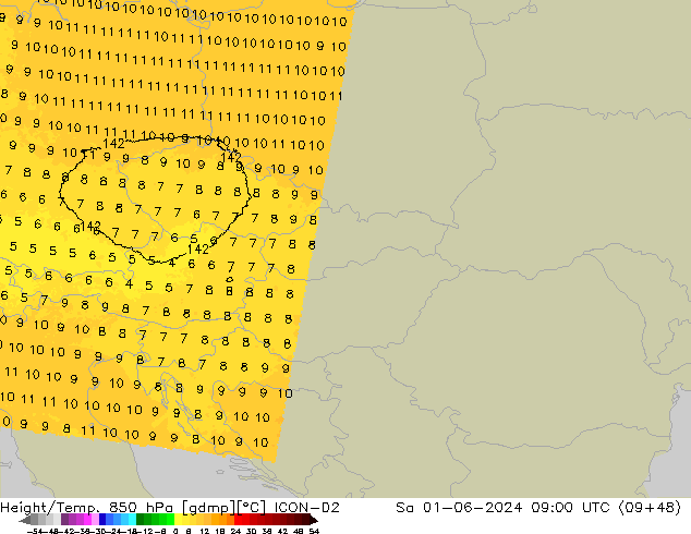 Height/Temp. 850 hPa ICON-D2 Sa 01.06.2024 09 UTC