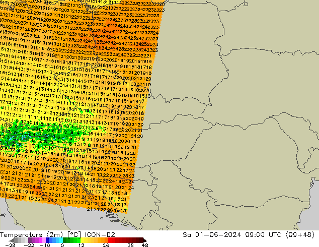 Temperatura (2m) ICON-D2 Sáb 01.06.2024 09 UTC