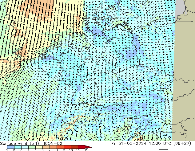 Surface wind (bft) ICON-D2 Fr 31.05.2024 12 UTC