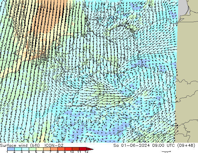 Surface wind (bft) ICON-D2 Sa 01.06.2024 09 UTC