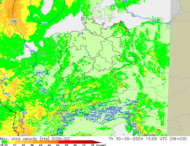 Max. wind velocity ICON-D2 Čt 30.05.2024 12 UTC