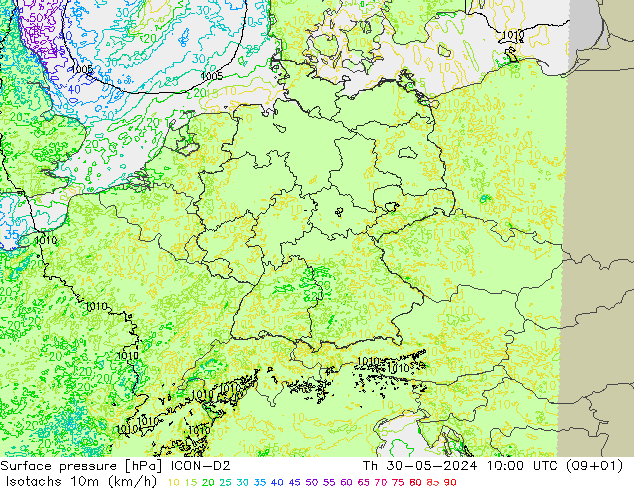 Isotachs (kph) ICON-D2 jeu 30.05.2024 10 UTC