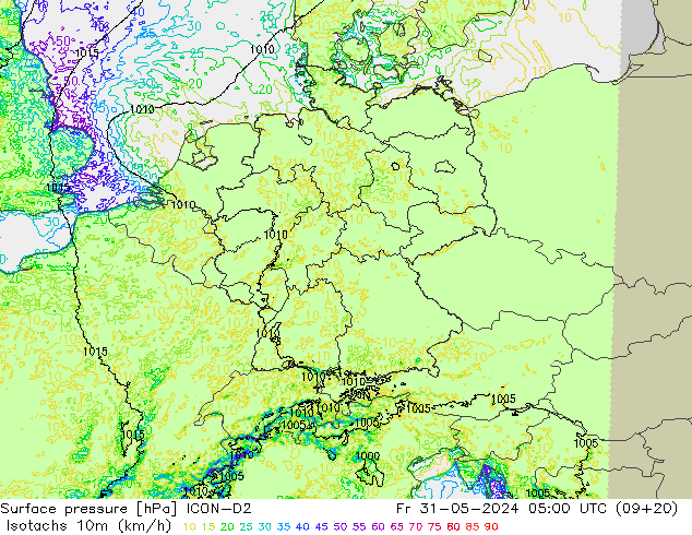 Isotachs (kph) ICON-D2 Fr 31.05.2024 05 UTC