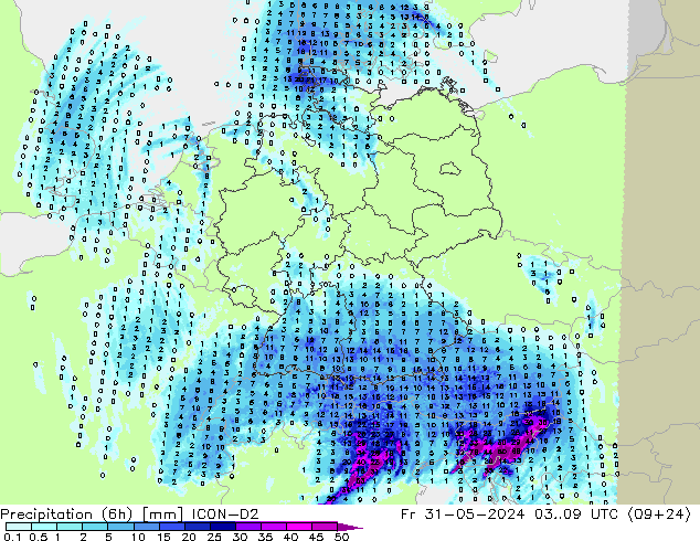 Yağış (6h) ICON-D2 Cu 31.05.2024 09 UTC