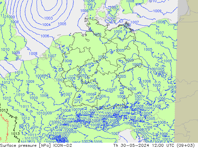 Presión superficial ICON-D2 jue 30.05.2024 12 UTC