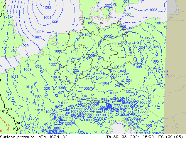 Pressione al suolo ICON-D2 gio 30.05.2024 15 UTC