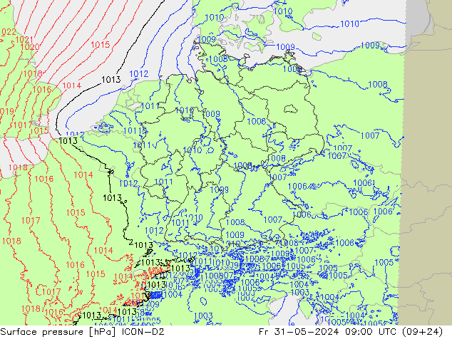 Atmosférický tlak ICON-D2 Pá 31.05.2024 09 UTC