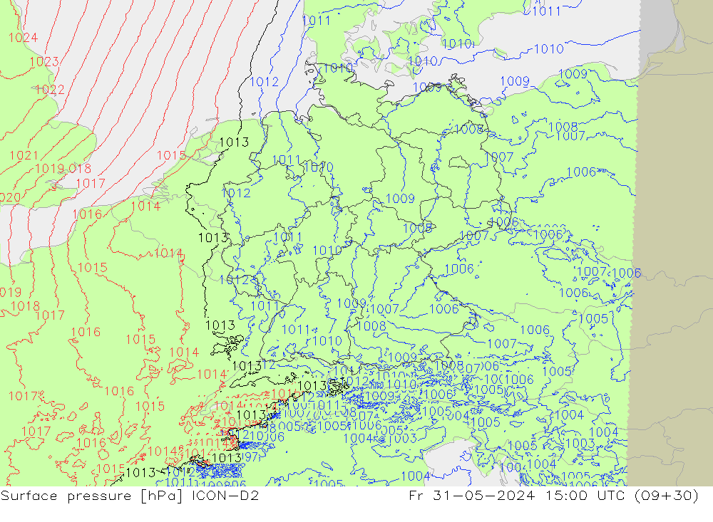 Presión superficial ICON-D2 vie 31.05.2024 15 UTC