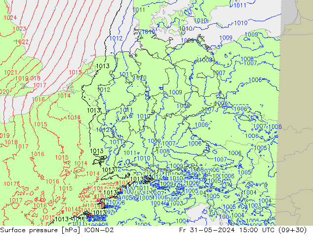 Atmosférický tlak ICON-D2 Pá 31.05.2024 15 UTC