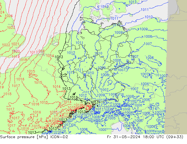 Surface pressure ICON-D2 Fr 31.05.2024 18 UTC