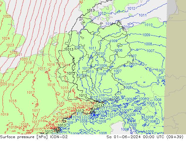 Surface pressure ICON-D2 Sa 01.06.2024 00 UTC