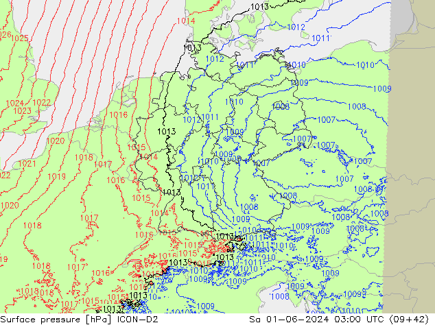 pressão do solo ICON-D2 Sáb 01.06.2024 03 UTC