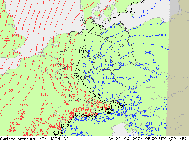 pressão do solo ICON-D2 Sáb 01.06.2024 06 UTC