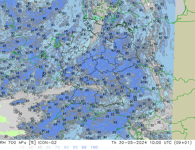 RH 700 hPa ICON-D2 Do 30.05.2024 10 UTC