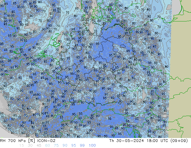 RH 700 hPa ICON-D2 Th 30.05.2024 18 UTC