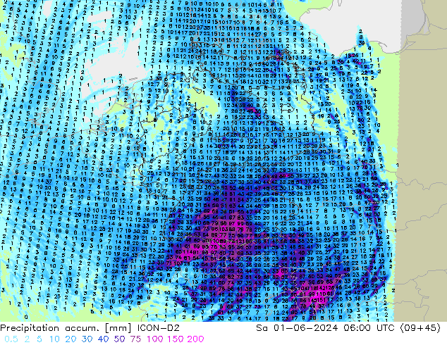 Precipitation accum. ICON-D2 Sa 01.06.2024 06 UTC