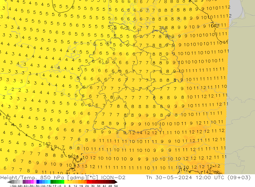 Height/Temp. 850 hPa ICON-D2 Do 30.05.2024 12 UTC