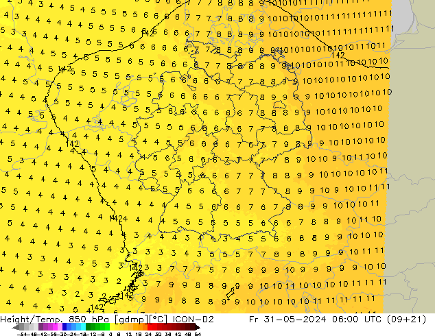 Height/Temp. 850 hPa ICON-D2 Fr 31.05.2024 06 UTC