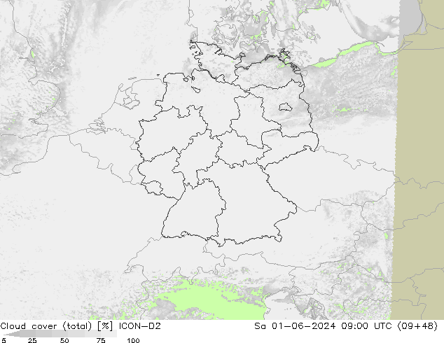 Nubes (total) ICON-D2 sáb 01.06.2024 09 UTC