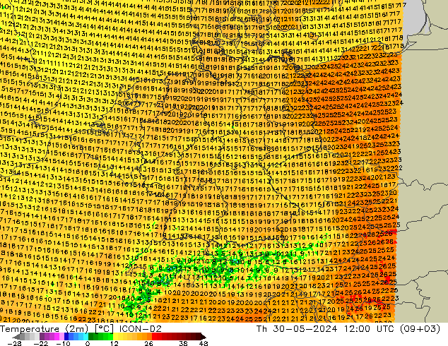 Temperature (2m) ICON-D2 Th 30.05.2024 12 UTC