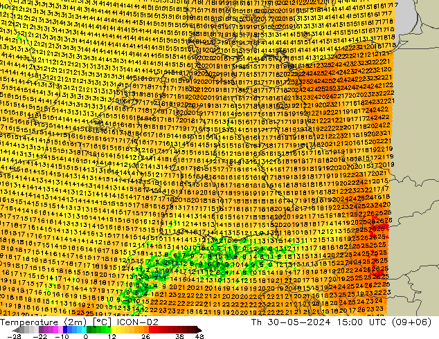 Temperature (2m) ICON-D2 Th 30.05.2024 15 UTC