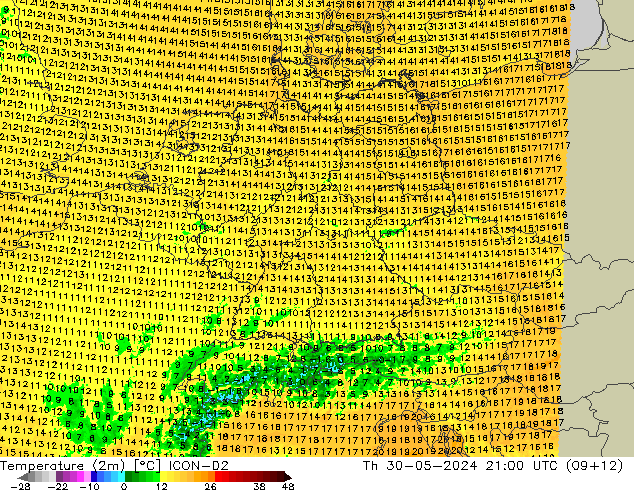 Temperatura (2m) ICON-D2 jue 30.05.2024 21 UTC