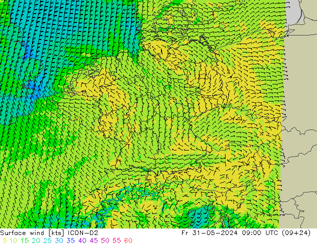 Surface wind ICON-D2 Fr 31.05.2024 09 UTC