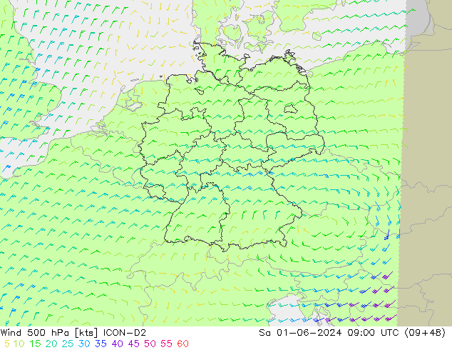 Vent 500 hPa ICON-D2 sam 01.06.2024 09 UTC