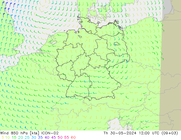 Viento 850 hPa ICON-D2 jue 30.05.2024 12 UTC