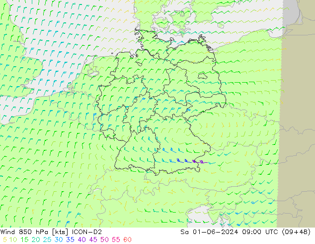 Vento 850 hPa ICON-D2 Sáb 01.06.2024 09 UTC