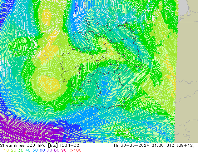 Linha de corrente 300 hPa ICON-D2 Qui 30.05.2024 21 UTC