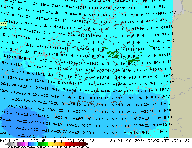 Height/Temp. 500 hPa ICON-D2 So 01.06.2024 03 UTC