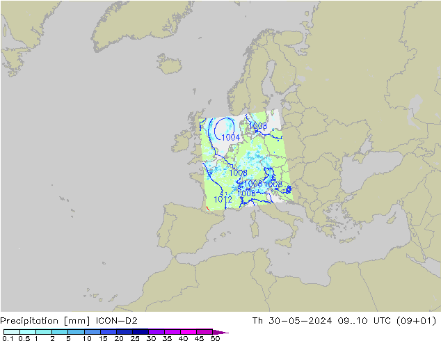 Srážky ICON-D2 Čt 30.05.2024 10 UTC