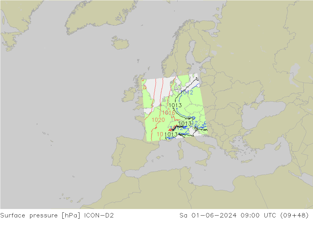 Bodendruck ICON-D2 Sa 01.06.2024 09 UTC