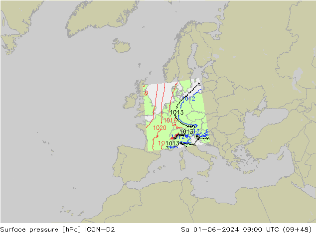 pressão do solo ICON-D2 Sáb 01.06.2024 09 UTC