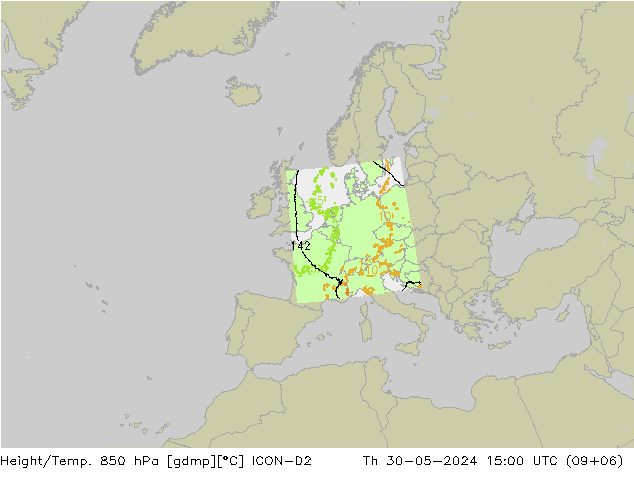 Géop./Temp. 850 hPa ICON-D2 jeu 30.05.2024 15 UTC