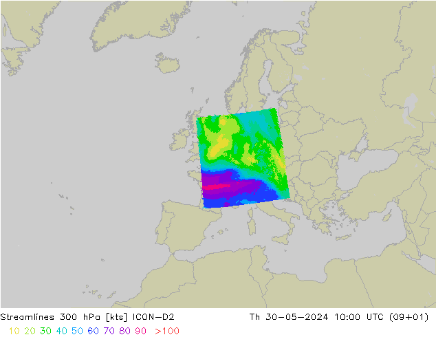 Streamlines 300 hPa ICON-D2 Th 30.05.2024 10 UTC