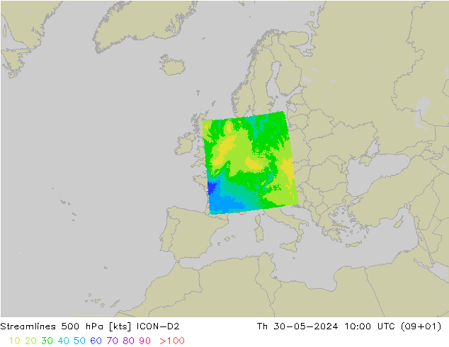 Streamlines 500 hPa ICON-D2 Th 30.05.2024 10 UTC