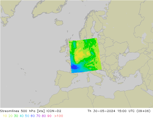 Streamlines 500 hPa ICON-D2 Th 30.05.2024 15 UTC