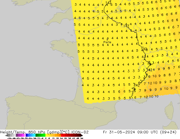 Height/Temp. 850 hPa ICON-D2 Sex 31.05.2024 09 UTC