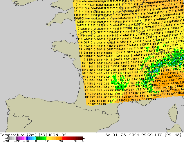 Temperaturkarte (2m) ICON-D2 Sa 01.06.2024 09 UTC