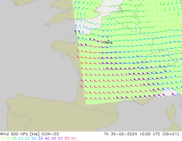 Wind 500 hPa ICON-D2 Čt 30.05.2024 10 UTC