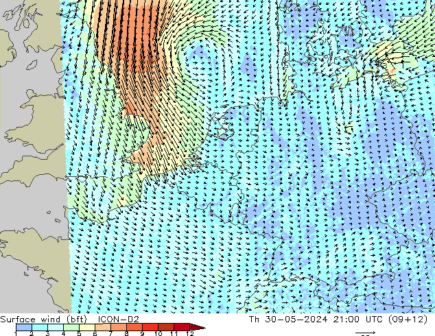 Bodenwind (bft) ICON-D2 Do 30.05.2024 21 UTC